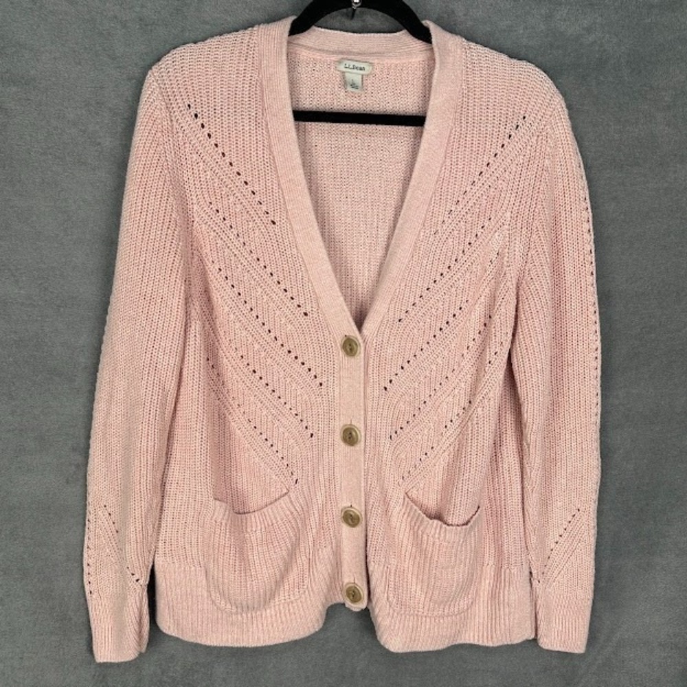 LL Bean Sweater Womens Large Pink Cardigan Linen Blend Preppy Neutral Coastal